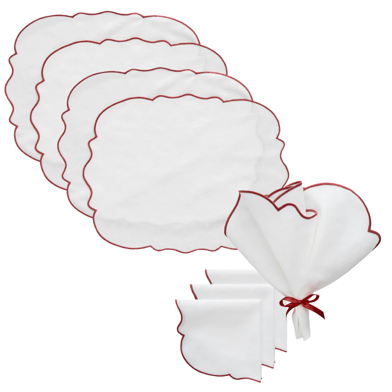 Gia Tekstilsæt 4 Dækkeservietter + 4 Servietter, Hvidt / Bourgogne