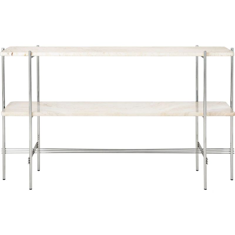 TS Console Sidebord 120x30x72 cm, Poleret Stål / Neutral hvid Travertin