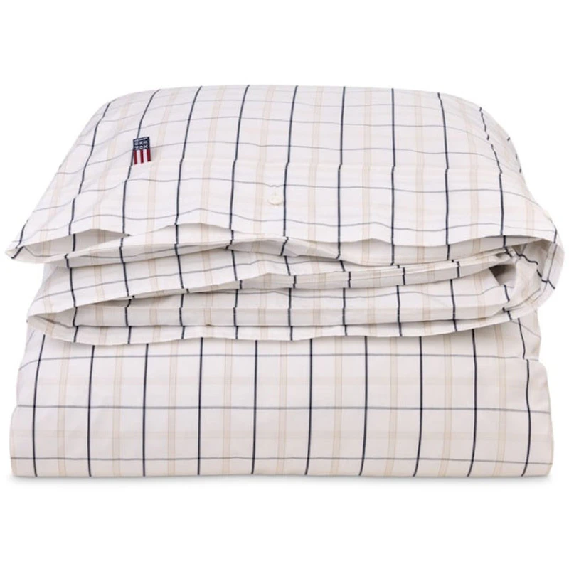 Checked Cotton Poplin Dynebetræk Hvidt / Beige / Marineblåt, 220x220 cm