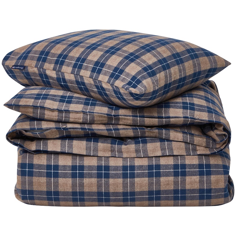 Checked Cotton Flannel Sengesæt 150x210/50x60 cm, Denim Blue/Beige