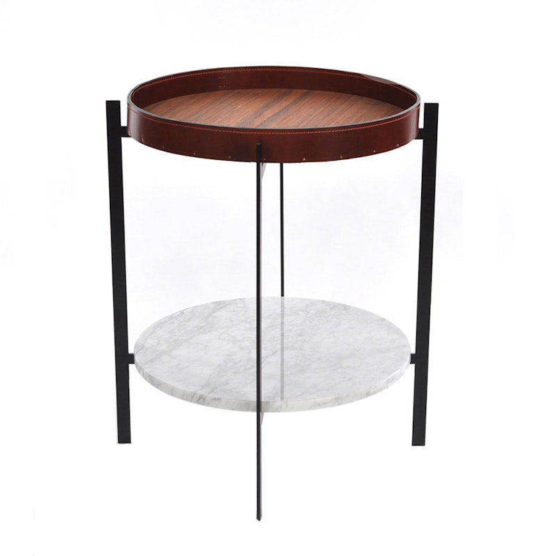 Deck Sidebord, Sort Ramme, Teak/Cognacfarvet, Hvidt Marmor