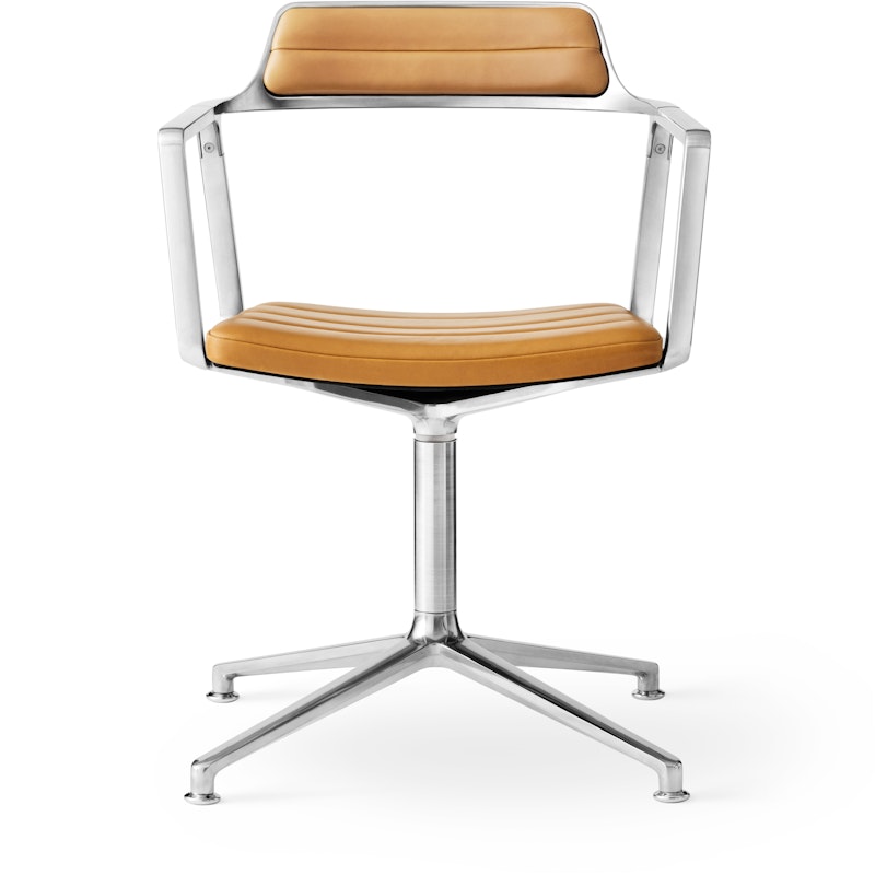 452 Swivel Chair With Feet, Polished Aluminium / Camel Coloured Leather