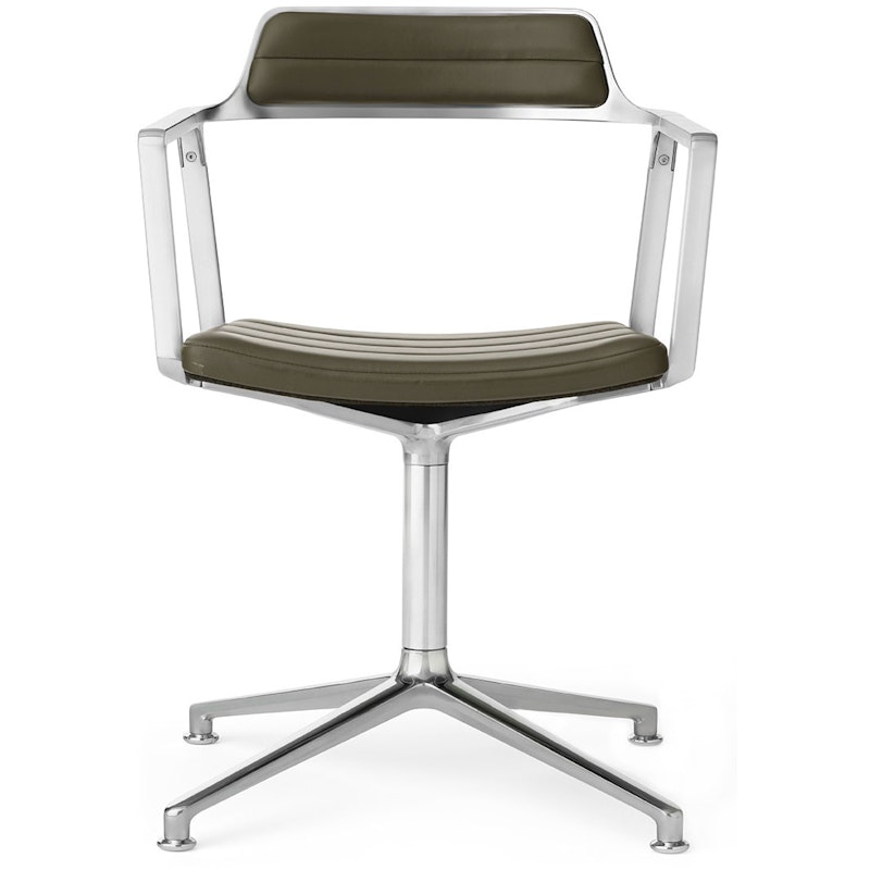 452 Swivel Chair With Feet, Polished Aluminium / Green Leather